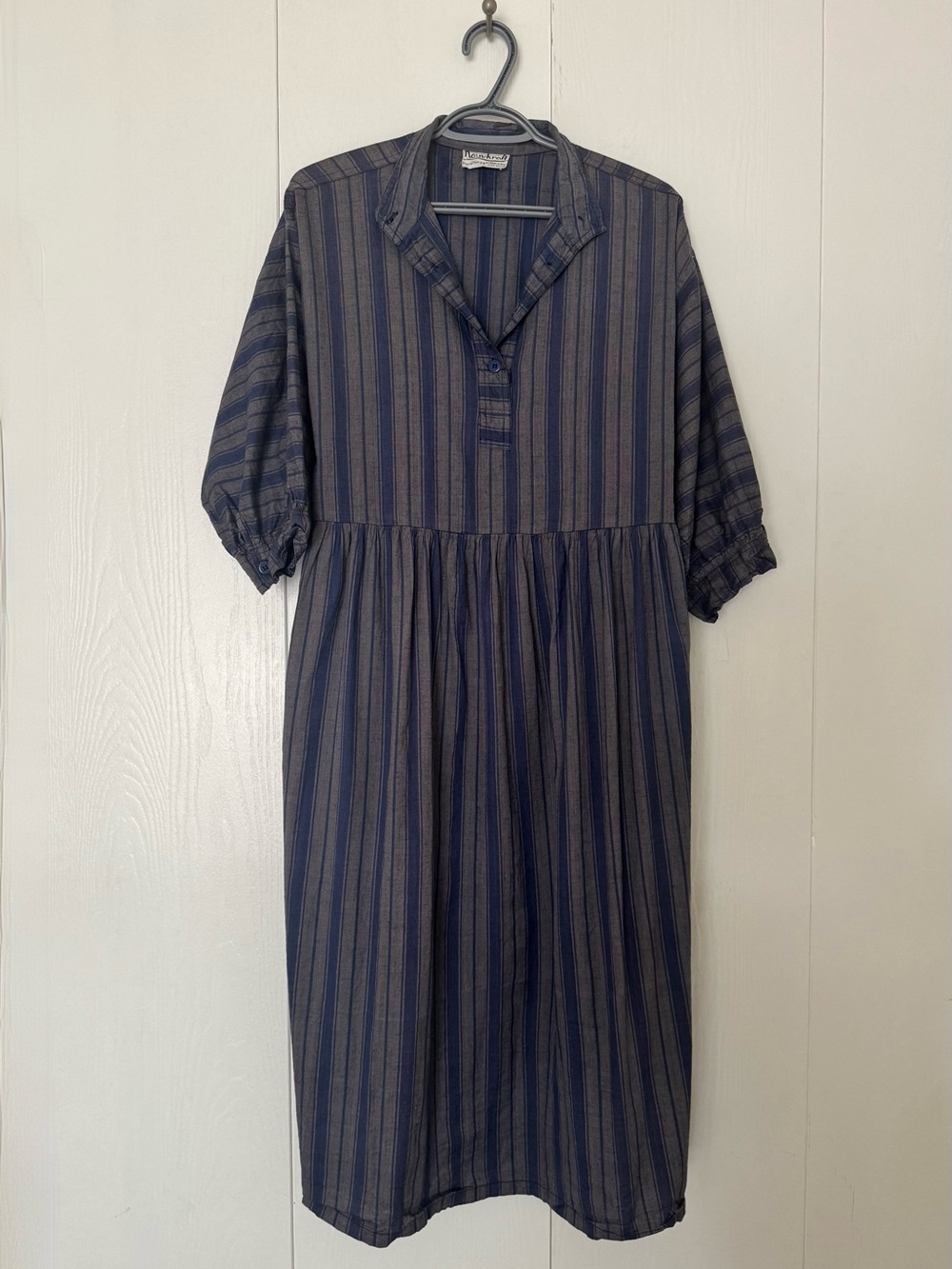 Vintage Nauvkraft Striped Navy Blue and Gray Midi Dress Cotton